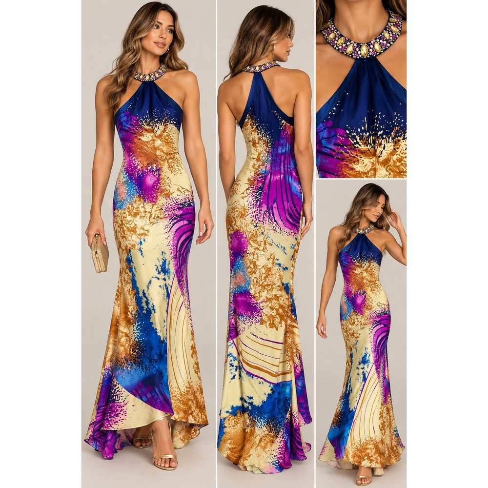 Wow! Prom & Pageant 100% Silk Beaded Halter Maxi Dress Blue Purple Gold Size 4
